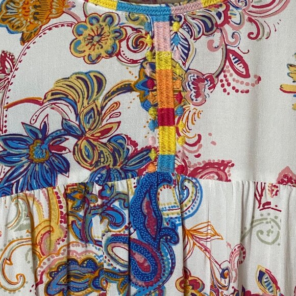Boho Paisley Rayon Blouse S White Multicolor Cap Sleeve Embroidered Trim Top - Picture 4 of 6